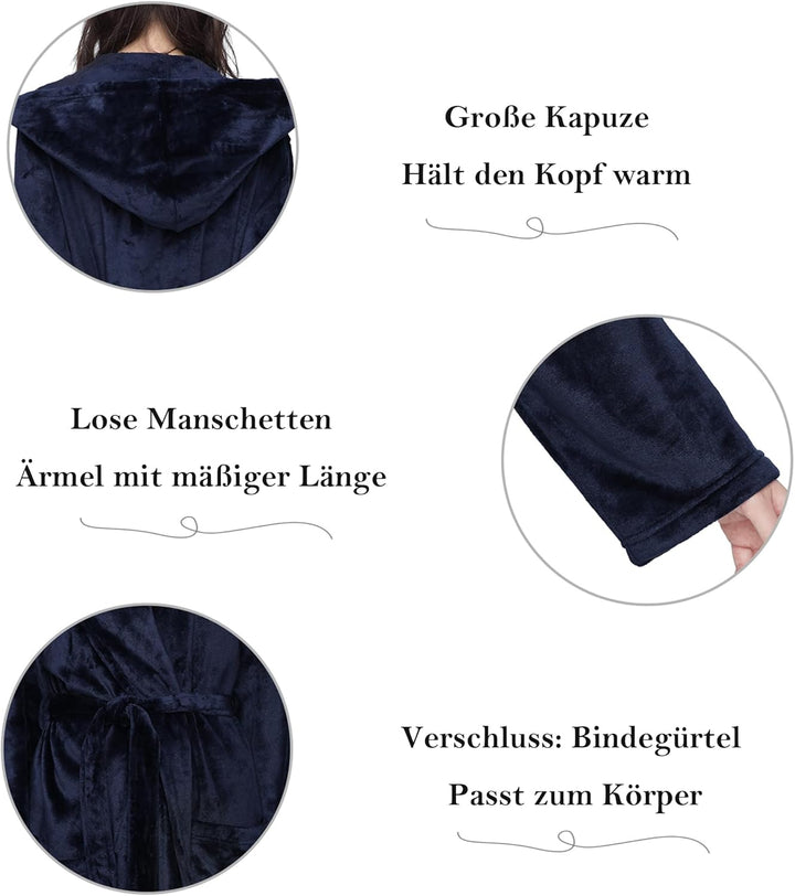 Mnemo Bademantel Damen Lang mit Kapuze Bademantel Damen Frottee Bademantel Damen Flauschig Blau L, B