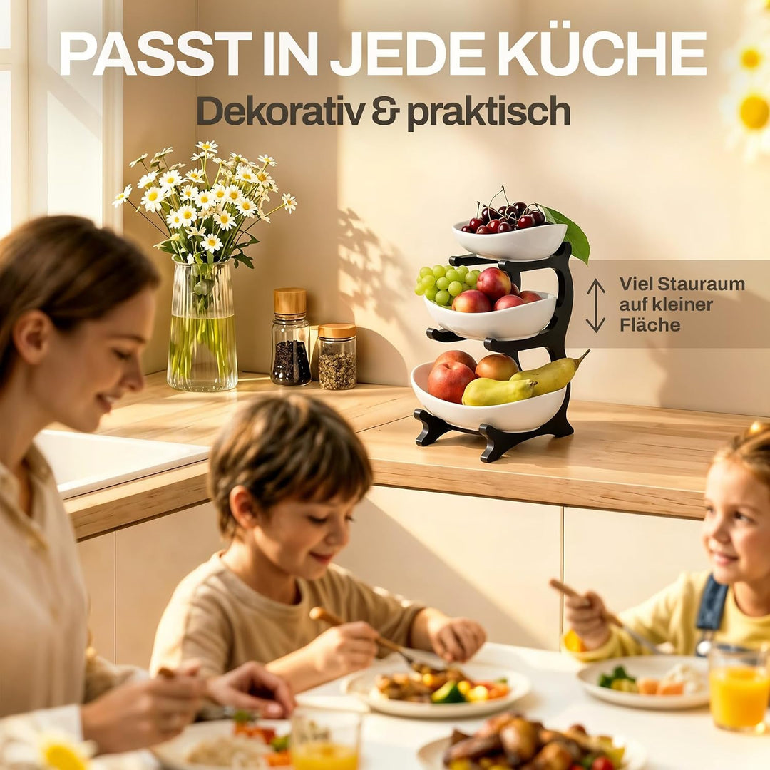 Obstetagere 3 Etagen aus Keramik | Moderner Obstkorb mit schwarzem Holzrahmen, Ø 30 cm Basis | Stilv