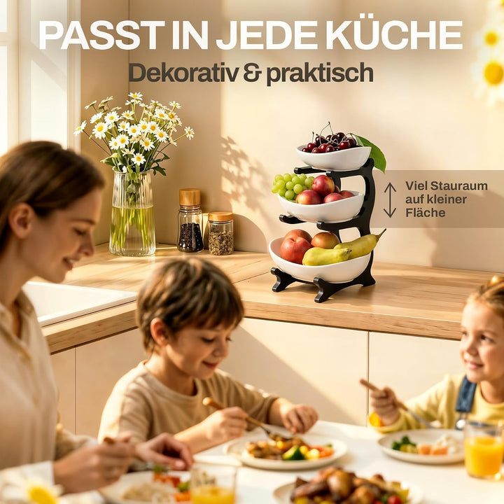 Obstetagere 3 Etagen aus Keramik | Moderner Obstkorb mit schwarzem Holzrahmen, Ø 30 cm Basis | Stilv