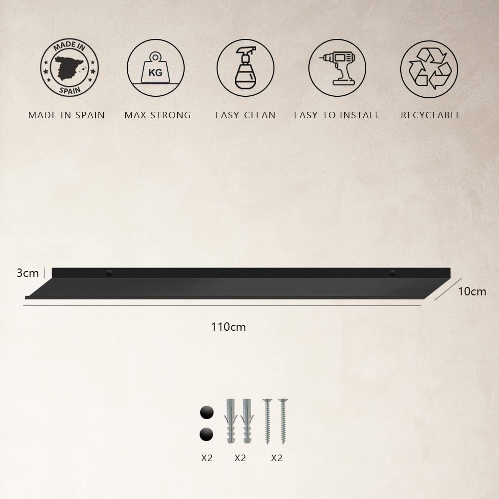 MILUKA Wandregal Schwarz Metall | Regal Wand 110 cm Long | Wandboards, Für Dekos, Bilderrahmen, Buch