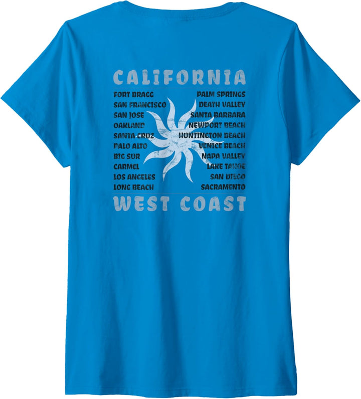 Damen California West Coast Front Back T-Shirt mit V-Ausschnitt
