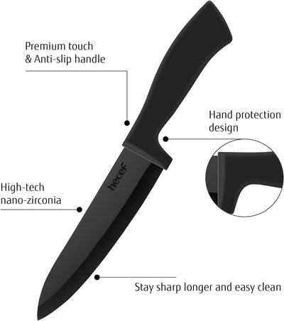 hecef Keramikmesser set 3-teilig, Scharf Küchenmesser Set, Schwarz Keramik 6'' Kochmesser, 4'' Obstm