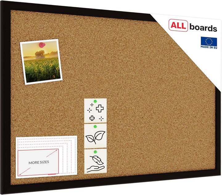 ALLboards Pinnwand mit Schwarzer Holz Rahmen 60x40cm Korktafel Korkwand Pinnwand Kork Farbiger Natur