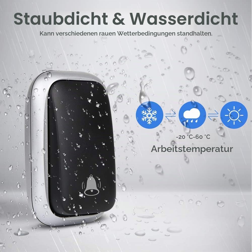 Batterielose Funkklingel, PDGROW Funk Türklingel Einstecken Kabellos Hausklingel Set Wasserdichte Fu