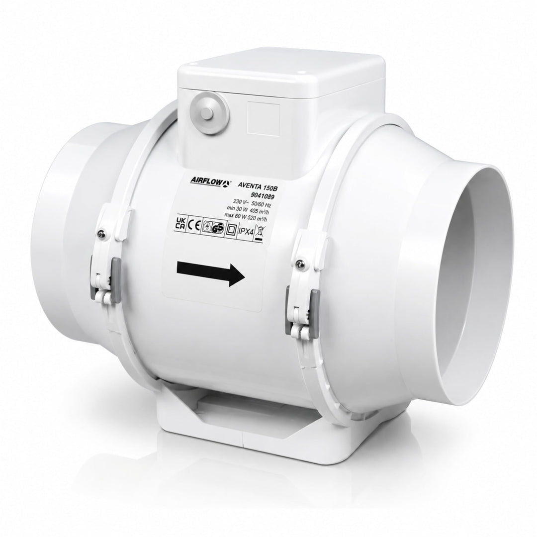 Airflow Aventa 150T Rohrventilator mit Timer – Energiesparend 30W, Luftstrom 112–144 l/s, 2-Stufen,