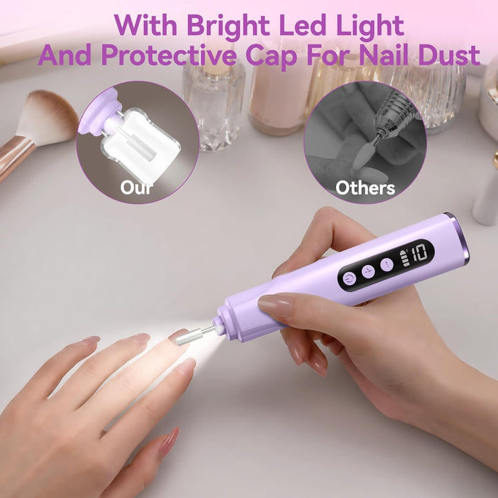 Kabelloser Elektrische Nagelfräser für Gelnägel mit Leuchte, 10-Geschwindigkeiten Tragbar Nagelfräse