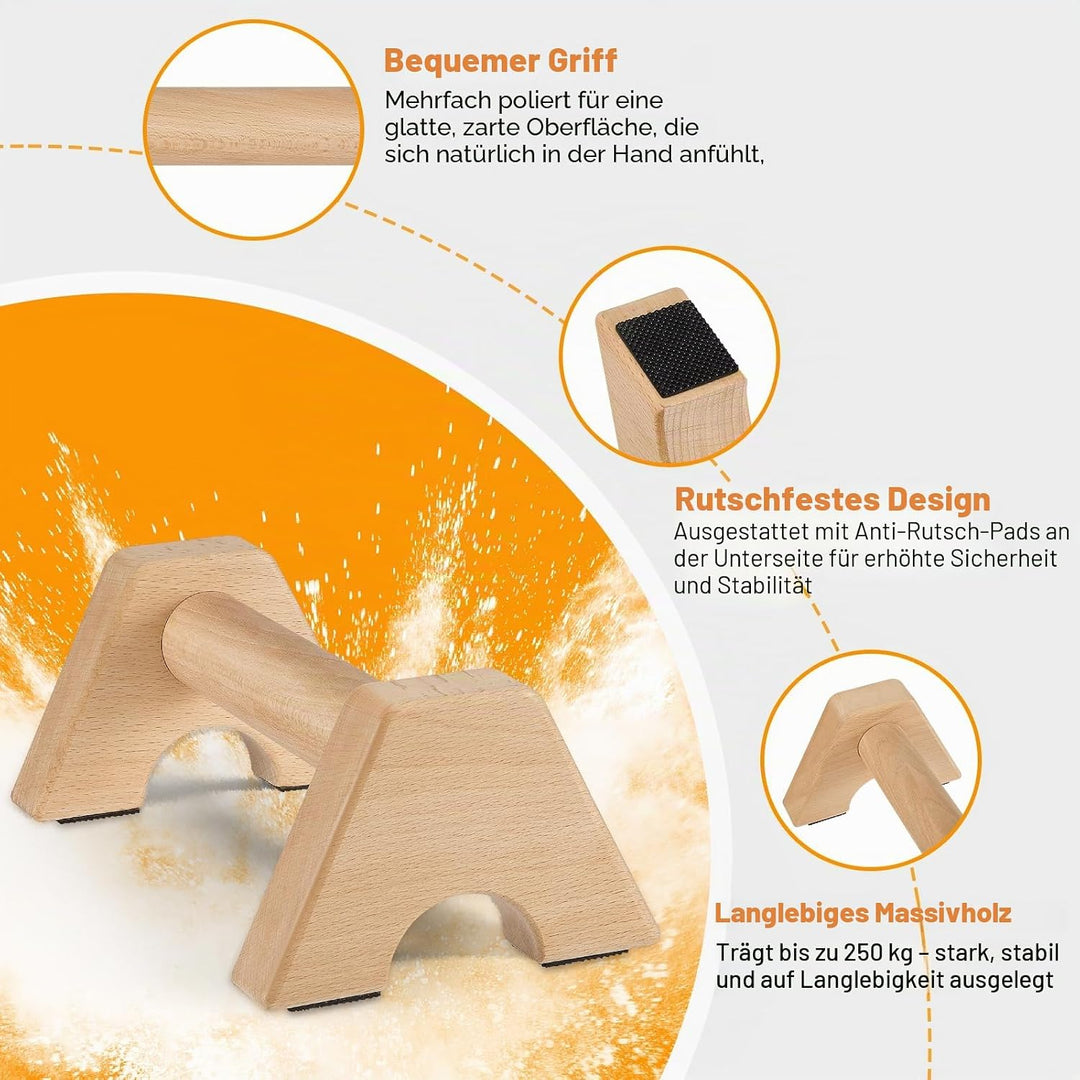 Premium Wooden Liegestützgriffe, 2 Rutschfeste, Stabile und Gelenkschonende Liegestützgriffe aus Hol