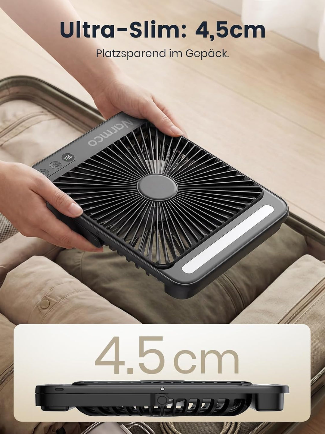Warmco 20000mAh Tragbarer Camping Ventilator 27cm mit LED-Licht, Ultra-Leise, Dünn, Digitalanzeige,