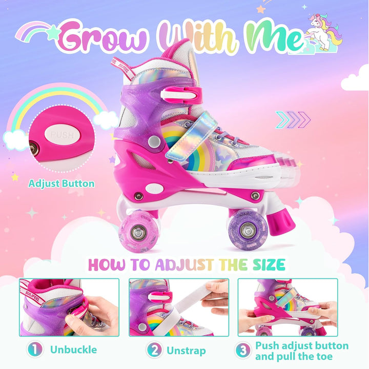 SULIFEEL Rainbow Unicorn Verstellbare Rollschuhe für Kinder mit Leuchtenden Rädern für Mädchen und J