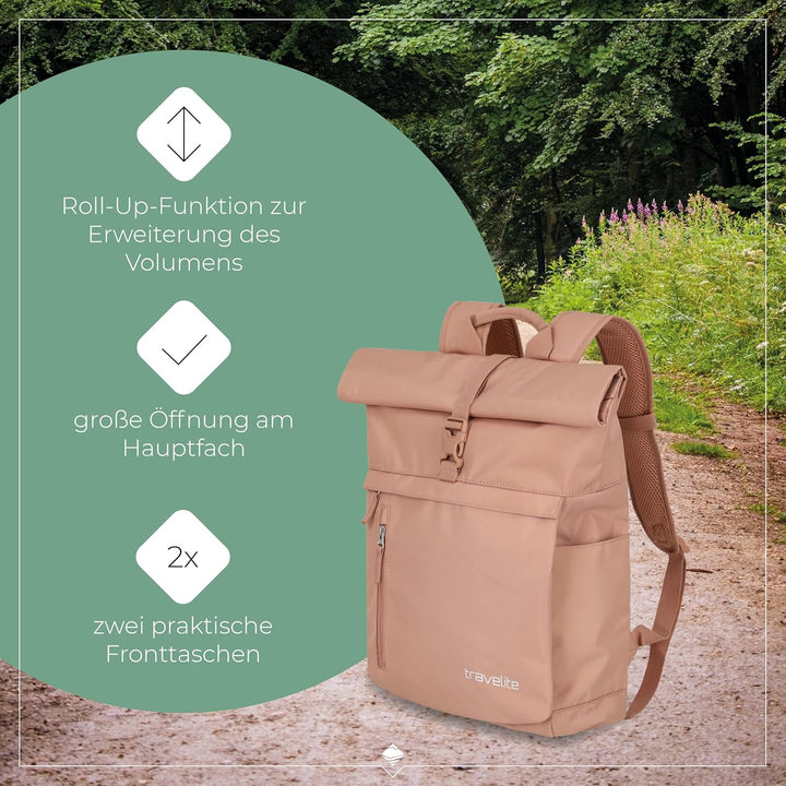 Travelite Handgepäck Rucksack, Laptop Rucksack 15,6 Zoll, BASICS, Reiserucksack Rolltop Funktion, 60