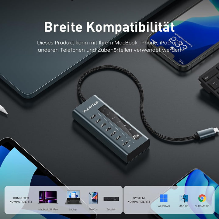 PULWTOP USB C Hub Aktiv,7 Ports USB C to C Hub mit Netzteil, PD 20W Output Charging and 10 Gbit/s 3.
