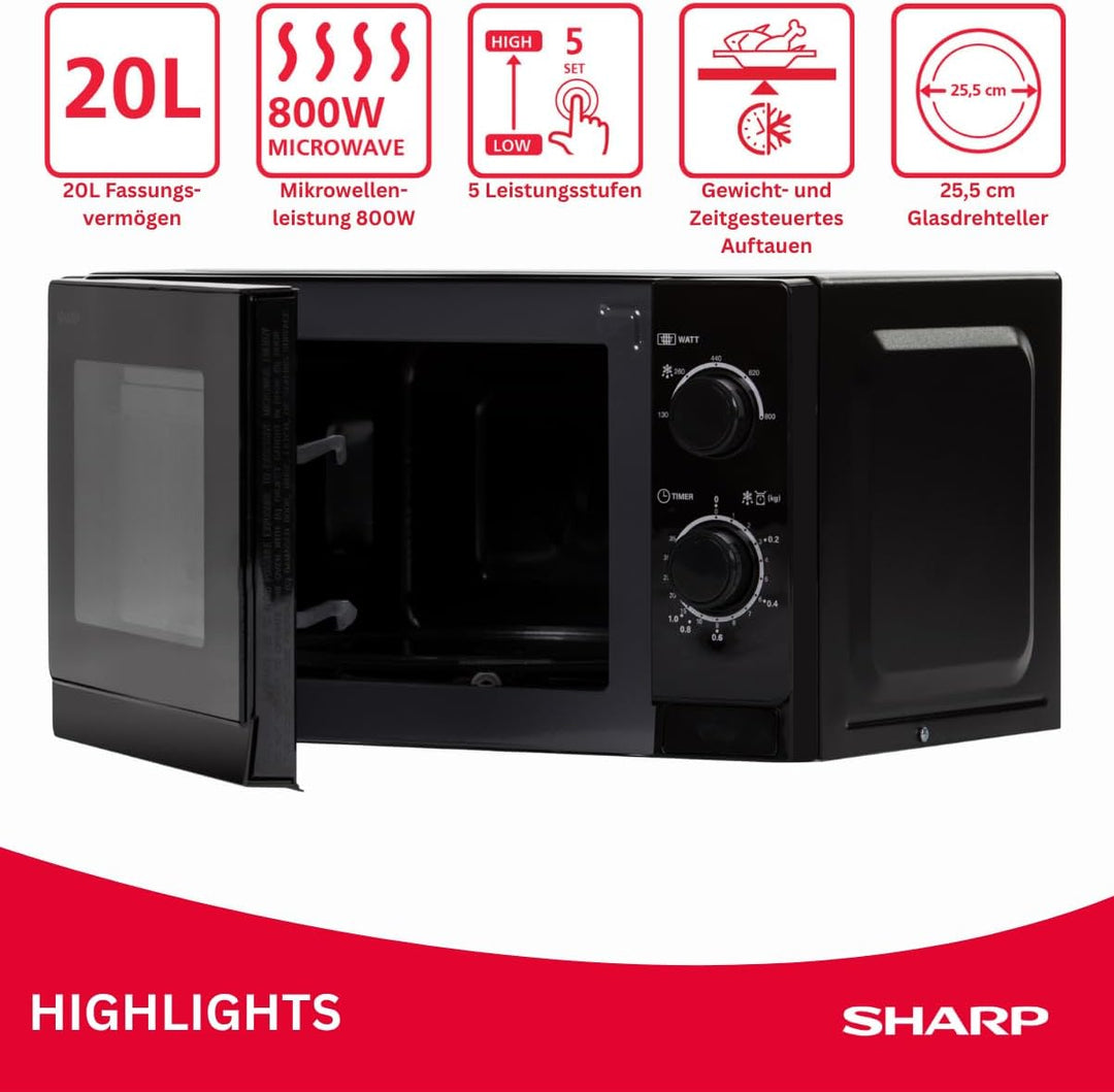Sharp R200BKW Solo-Mikrowelle / 20 L / 800 W / 5 Leistungsstufen / Timer von 35 Minuten bis 00 Sekun