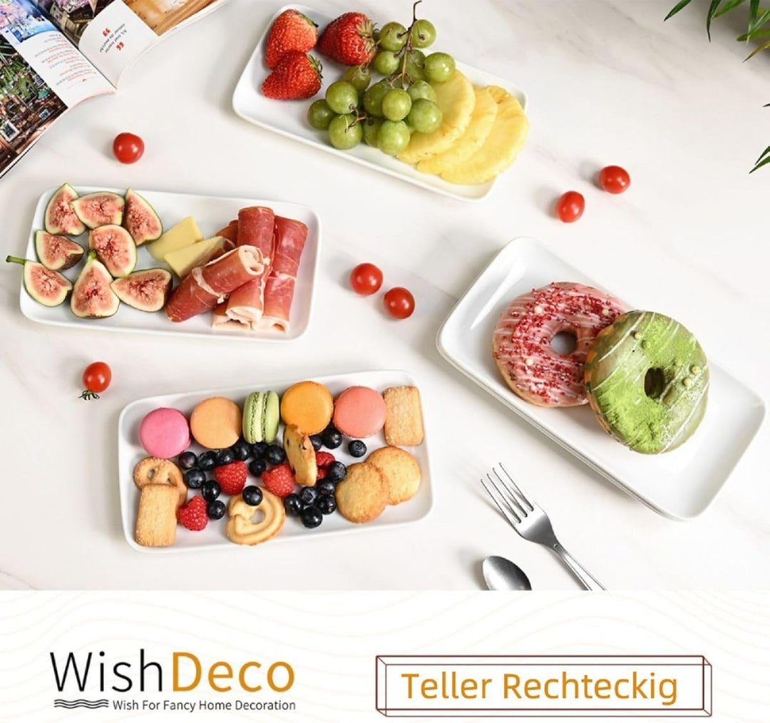 WishDeco Teller Rechteckig 6er Set, Servierplatten Porzellan Weiss 23x12 cm, Servierteller Länglich,