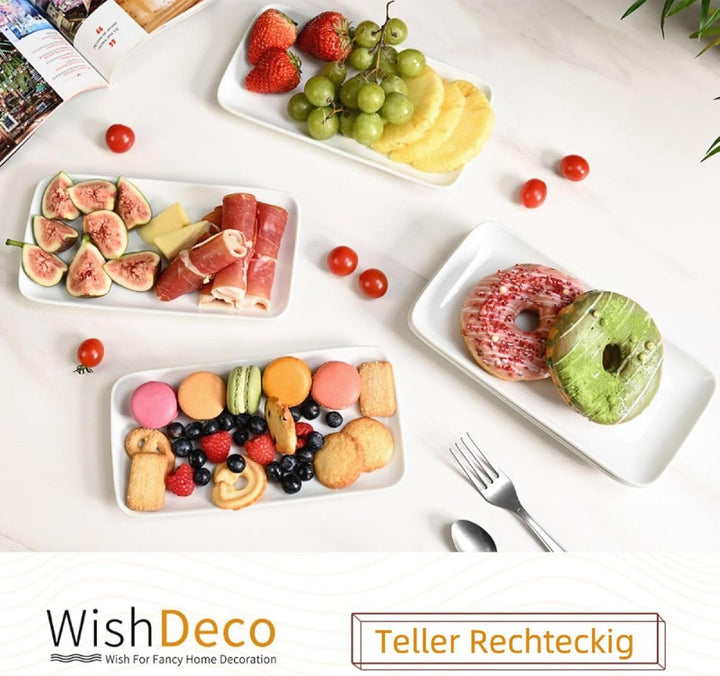 WishDeco Teller Rechteckig 6er Set, Servierplatten Porzellan Weiss 23x12 cm, Servierteller Länglich,