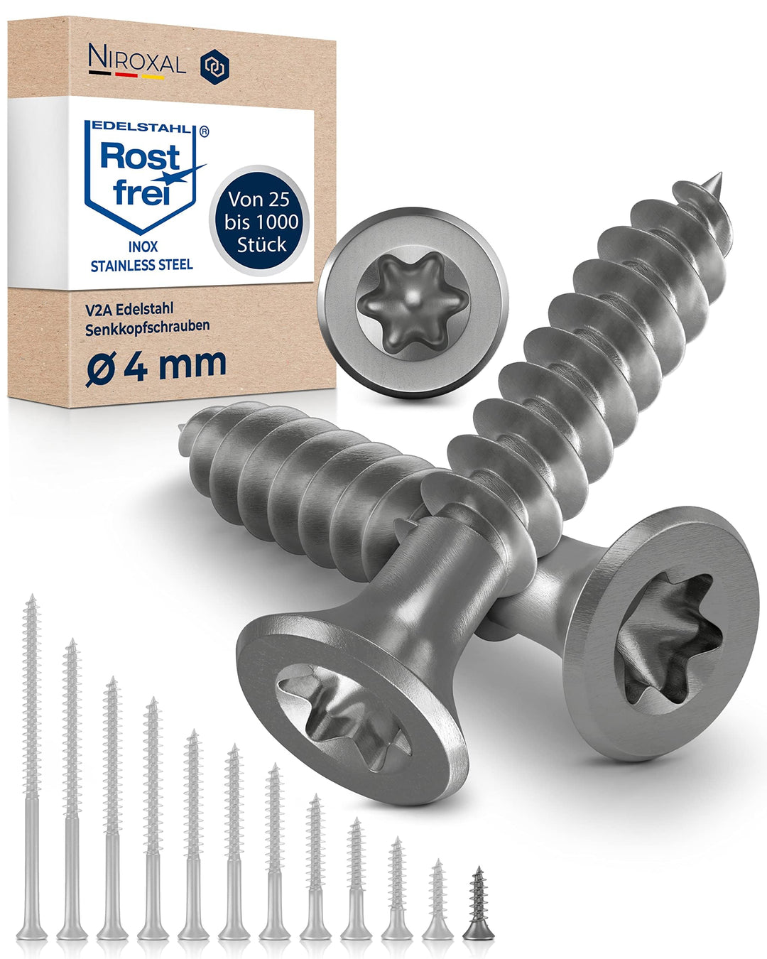 Schrauben Torx Edelstahlschrauben 4x16 Edelstahl V2A rostfrei Spanplattenschrauben für Holz Vollgewi