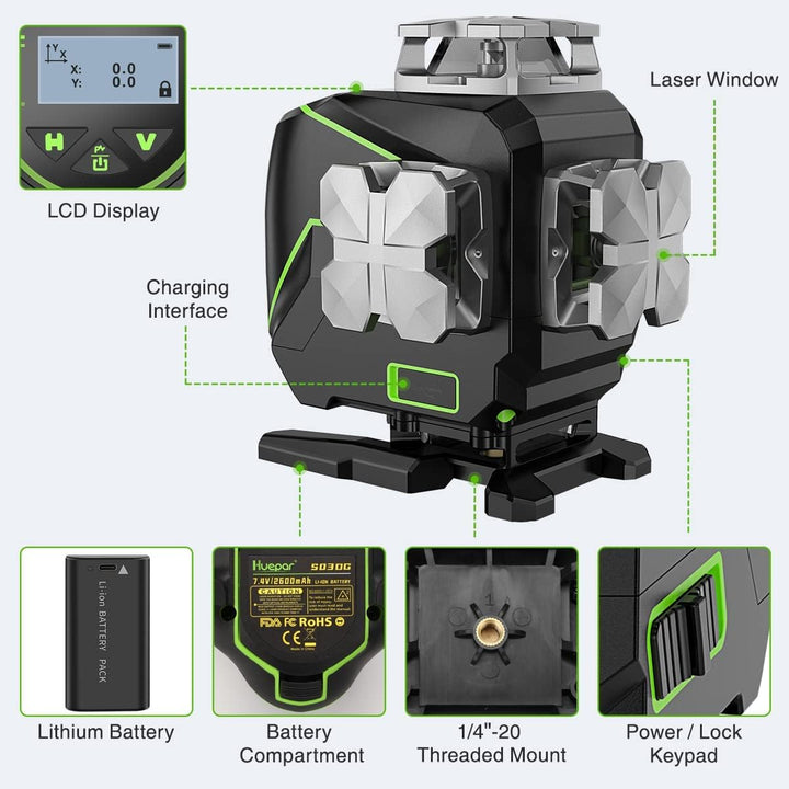Huepar 16 Linien-selbstnivellierendes Laserniveau 4 x 360 ° mit LCD-Bildschirm, 4D Bluetooth Grüner