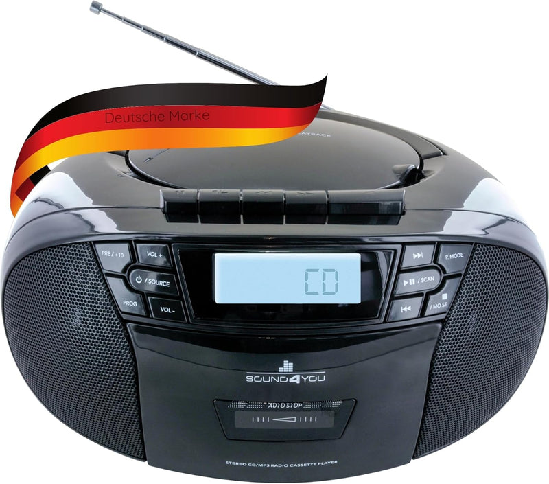 SCHWAIGER 658026 CD-Player mit Kassette und Radio MP3 USB Anschluss FM Radio AUX Kopfhörer Boombox N