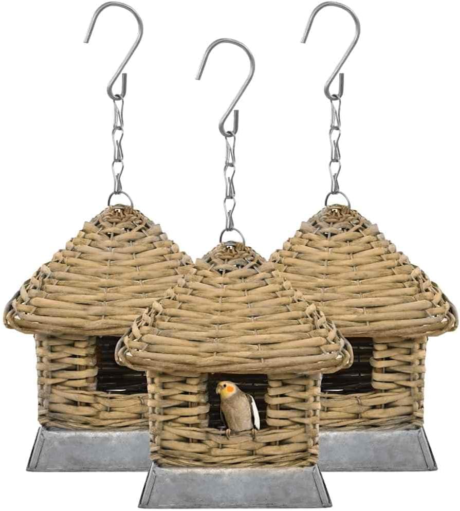 3er Set Vogelhaus aus Weidengeflecht mit Gusseisen-Rahmen, Nistkasten für Garten und Balkon, 17x17x1