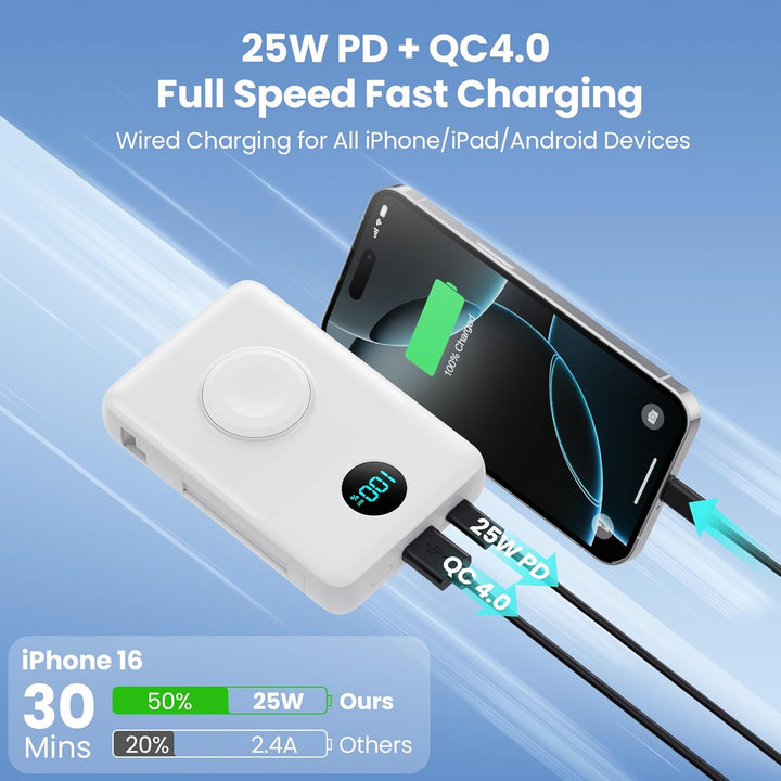 Magnetische Power Bank mit Ladekabel für MagSafe, 10800mAh Wireless PowerBank mit i-Watch Ladegerät,