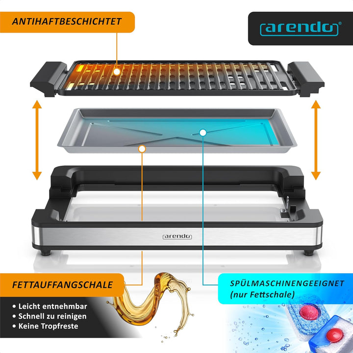 Arendo - Tischgrill Elektrogrill Edelstahl - bis 250 Grad - Steaks, Würstchen, Fisch, Meeresfrüchte,