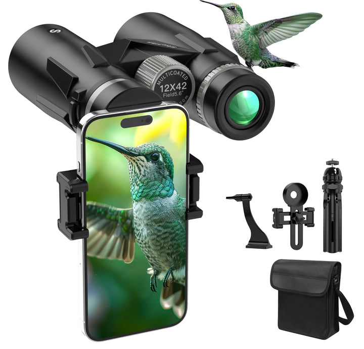 12x42 HD Fernglas für Erwachsene mit Telefonadapter, Stativ & Stativadapter - BAK4 Prisma, FMC-Objek