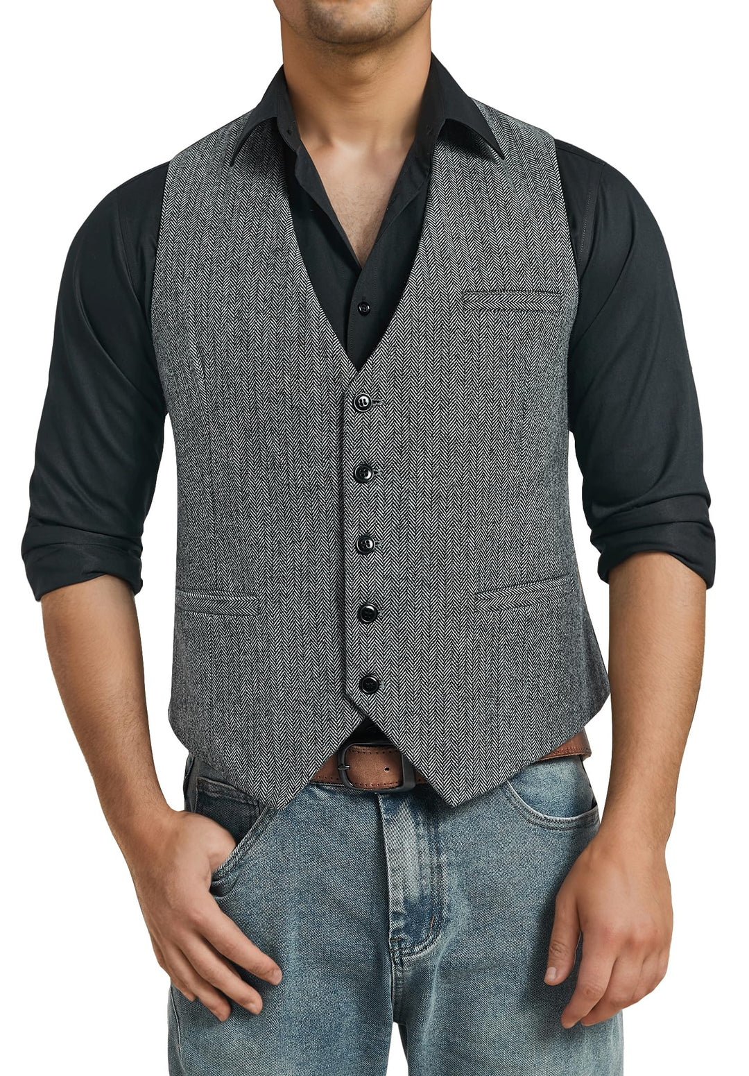 HISDERN Herren Anzugweste Herringbone Weste Hochzeit Herrenweste Formale Tweed Wollweste Classic Bas