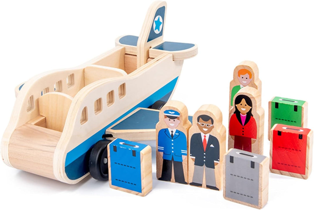 Passagierflugzeug-Set aus Holz, Spielzeugflugzeug mit 4 Spielfiguren und 4 Koffern für Kleinkinder,