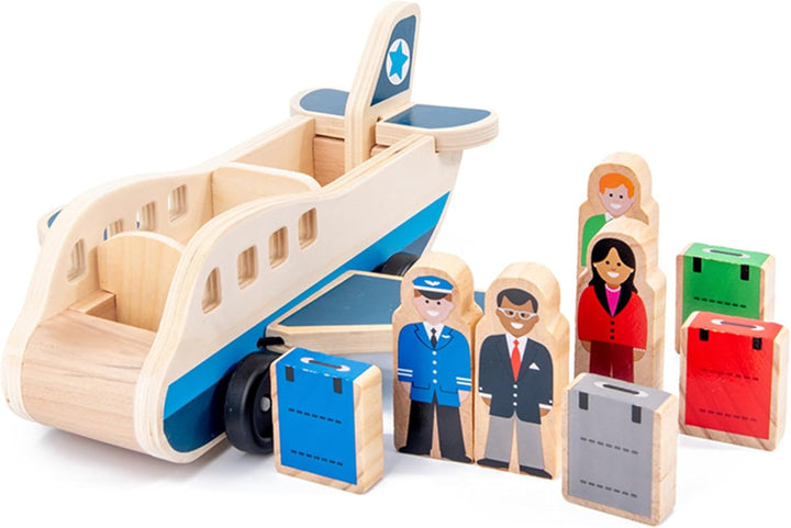 Passagierflugzeug-Set aus Holz, Spielzeugflugzeug mit 4 Spielfiguren und 4 Koffern für Kleinkinder,