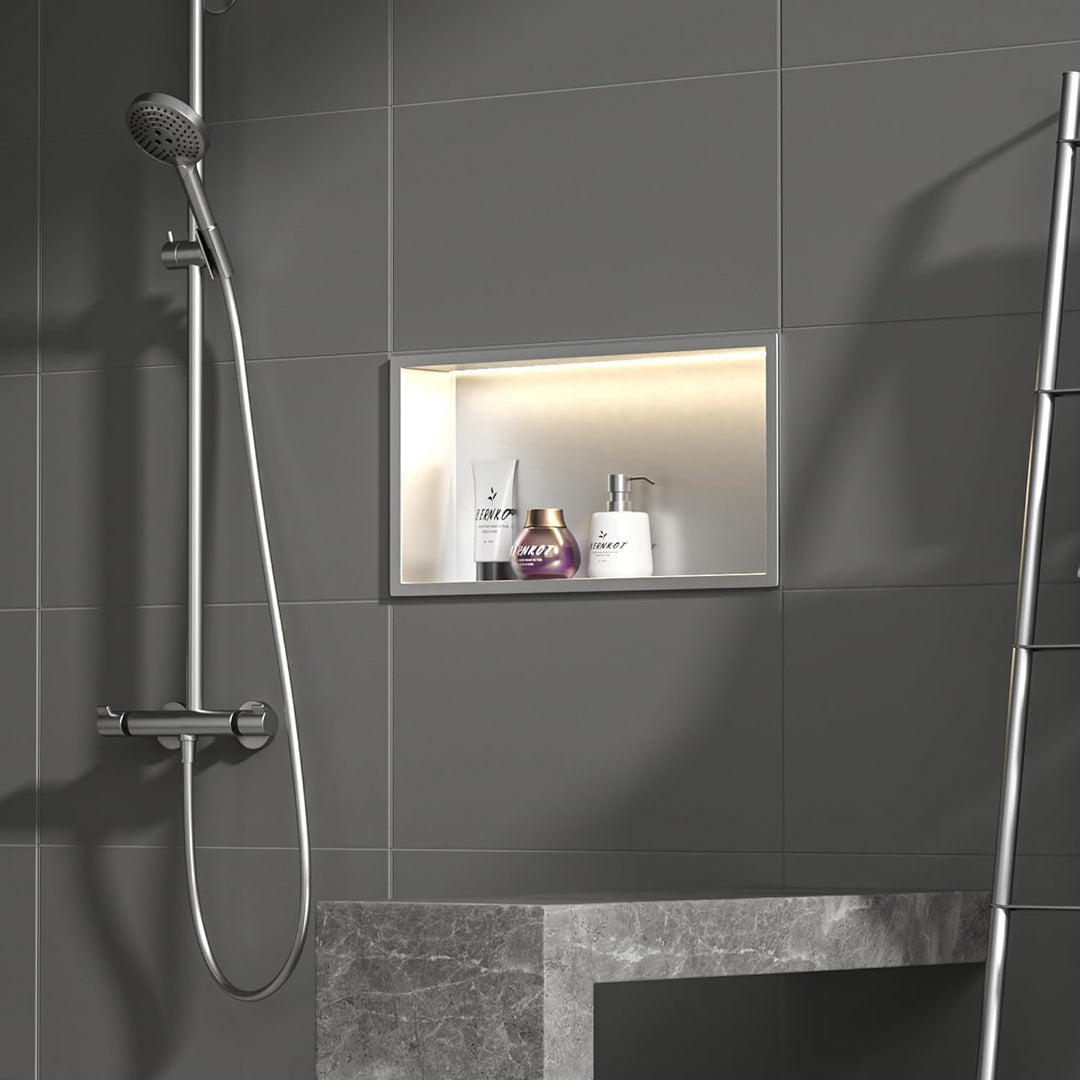 Edelstahl Duschnische 600mm X 300mm Gebürstet mit LED-Licht Wasserdicht Keine Fliesen Benötigte Wand