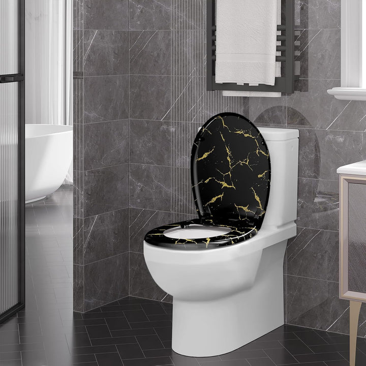 WOLTU Toilettendeckel mit Absenkautomatik, schwarzer WC Sitz mit goldenem Glitzer, Toilettensitz aus