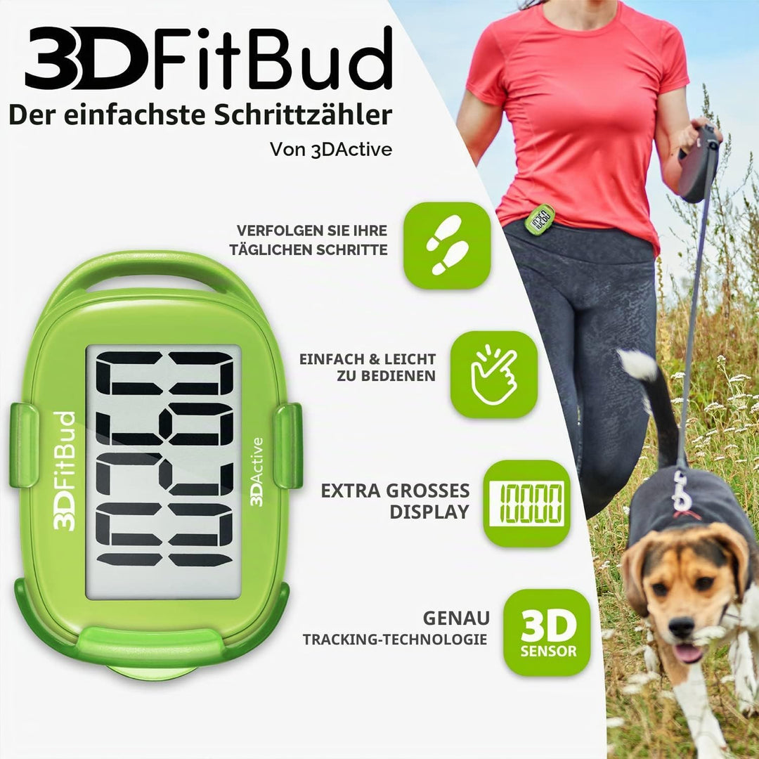 3DFitBud Einfacher Schrittzähler Gehen 3D-Schrittzähler mit Clip und Umhängeband, A420S Grün, Grün