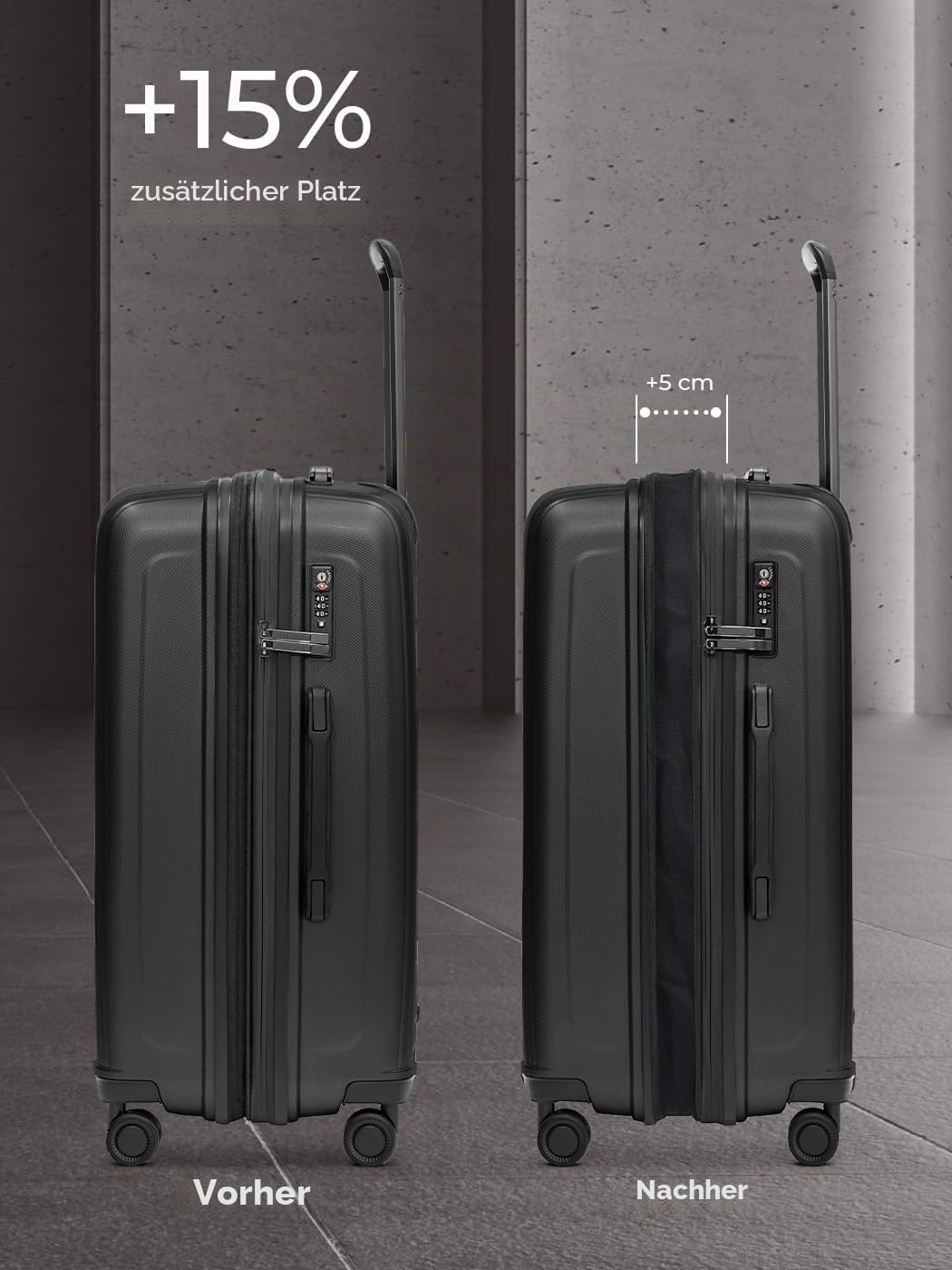REDOLZ Mittelgrosser Hartschalen M+ Trolley | 46 x 30 x 66 cm | Koffer mit Dehnfalte von 82 auf 97 L