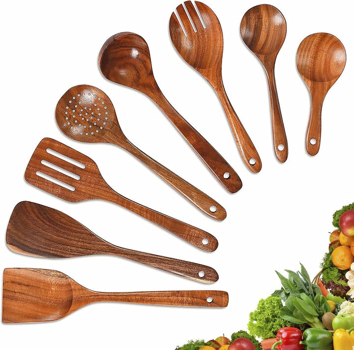 JUJOYBD Küchenutensilien Set Holz 8-tlg - Kochutensilien Set Küchenhelfer aus 100% Teak - Antihaftes
