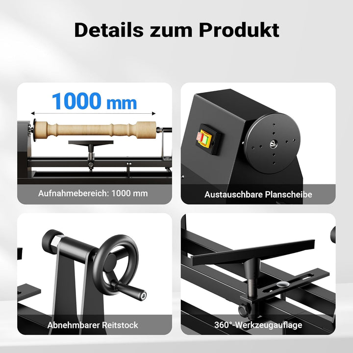 Wiltec Drechselbank 400 W mit verstellbarem Reitbock, Drechselmaschine mit Planscheibe u. Sicherheit