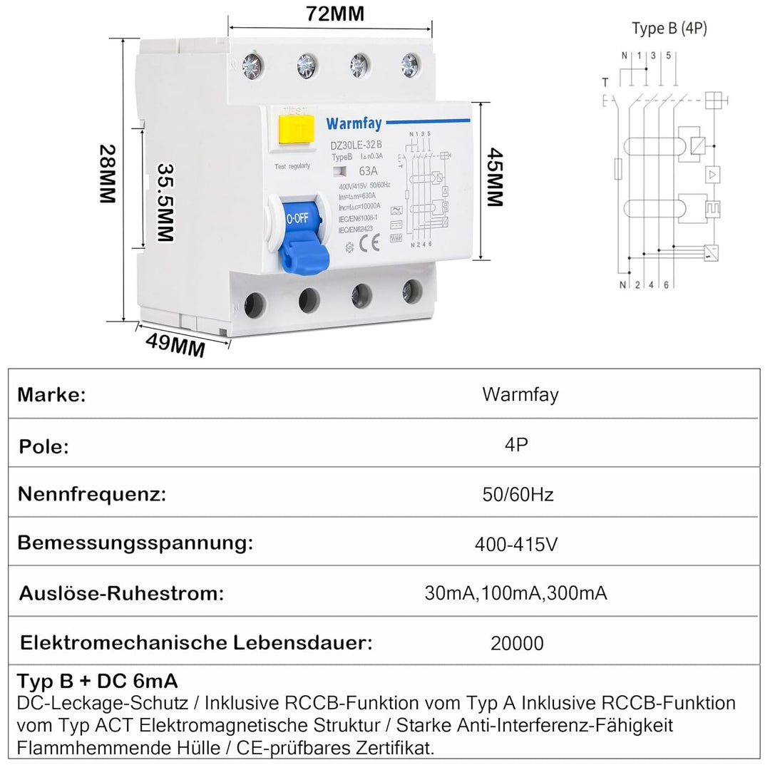 Warmfay FI Schutzschalter 63A 300mA Typ B, 4 Polig RCD Allstromintensiv Schalter Automat Sicherung,