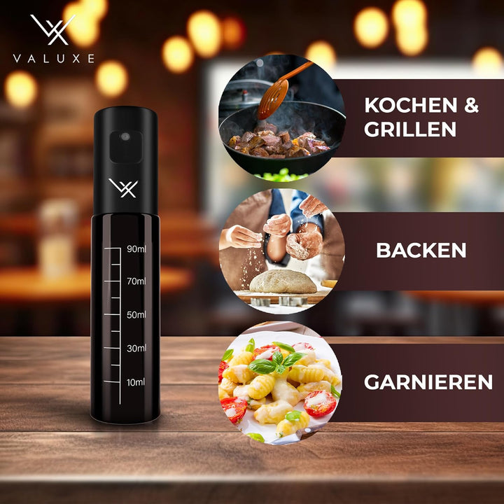 VALUXE® Ölsprüher für Speiseöl und Essig mit UV-Schutz Glas & Sprühfilter - Edelstahl Öl-Sprühflasch