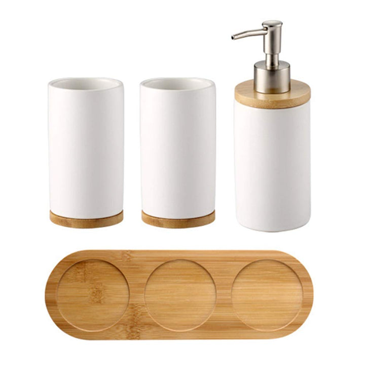 Badezimmer Accessoires Set Keramik, 4-teilig, Zahnbürstenhalter, Seifenspender, Bambus Fach, Zahnput