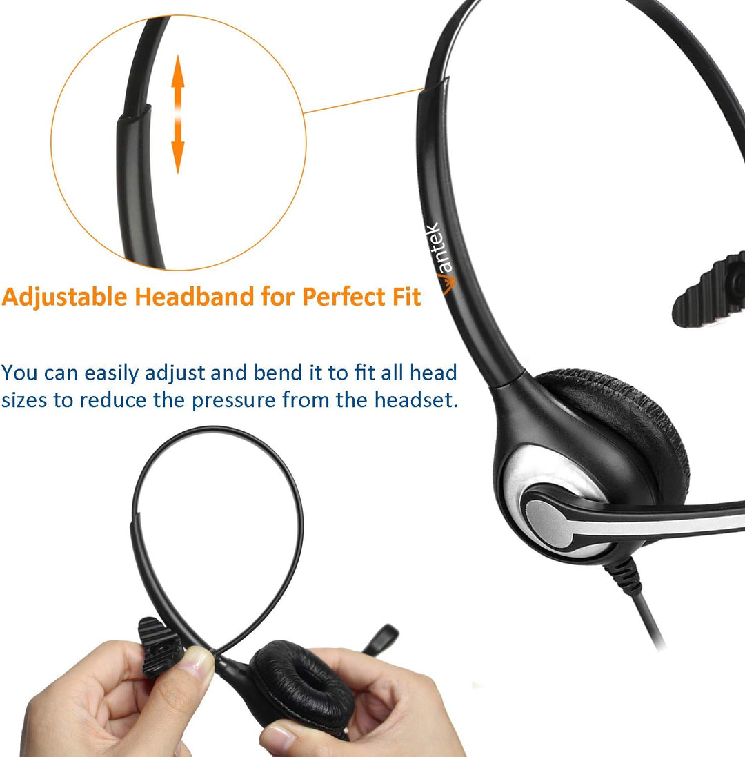 Wantek Telefon Headset Mono mit Noise Cancelling Mikrofon, Lautstärkeregler, Call Center Kopfhörer f