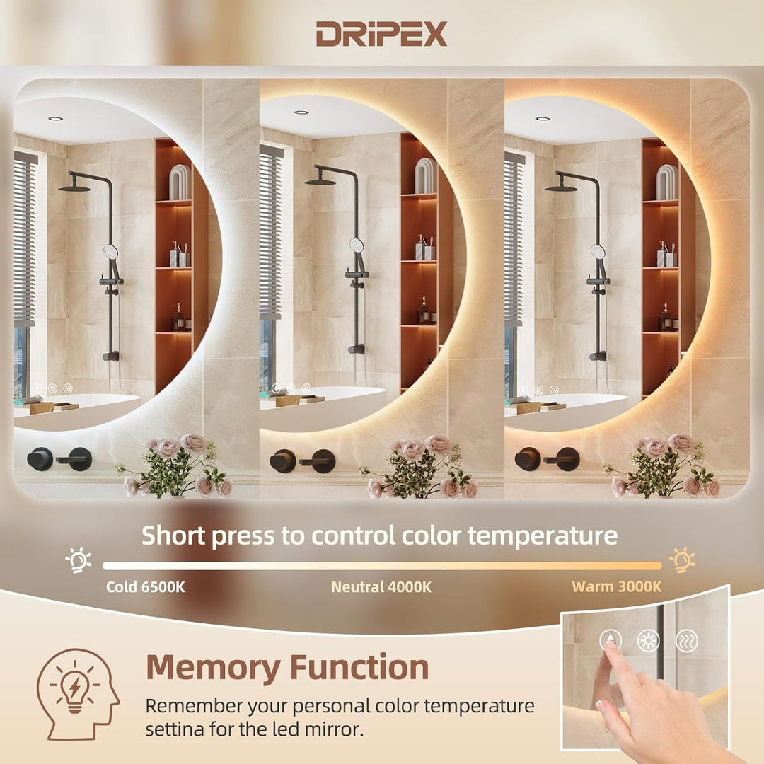 Dripex Badezimmerspiegel Led Badspiegel Rund, Touch-Schalter, Dimmbar, 3 Lichtfarbe Einstellbare Spi