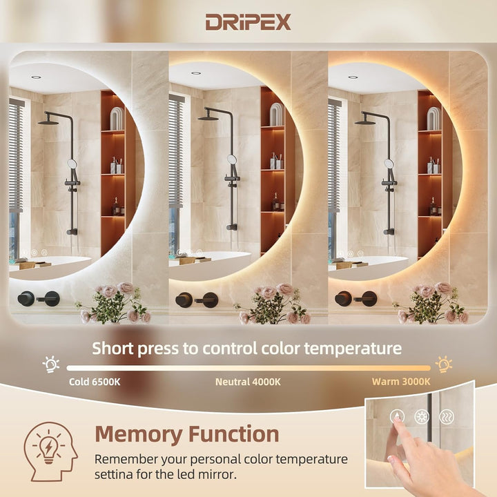 Dripex Badezimmerspiegel Led Badspiegel Rund, Touch-Schalter, Dimmbar, 3 Lichtfarbe Einstellbare Spi