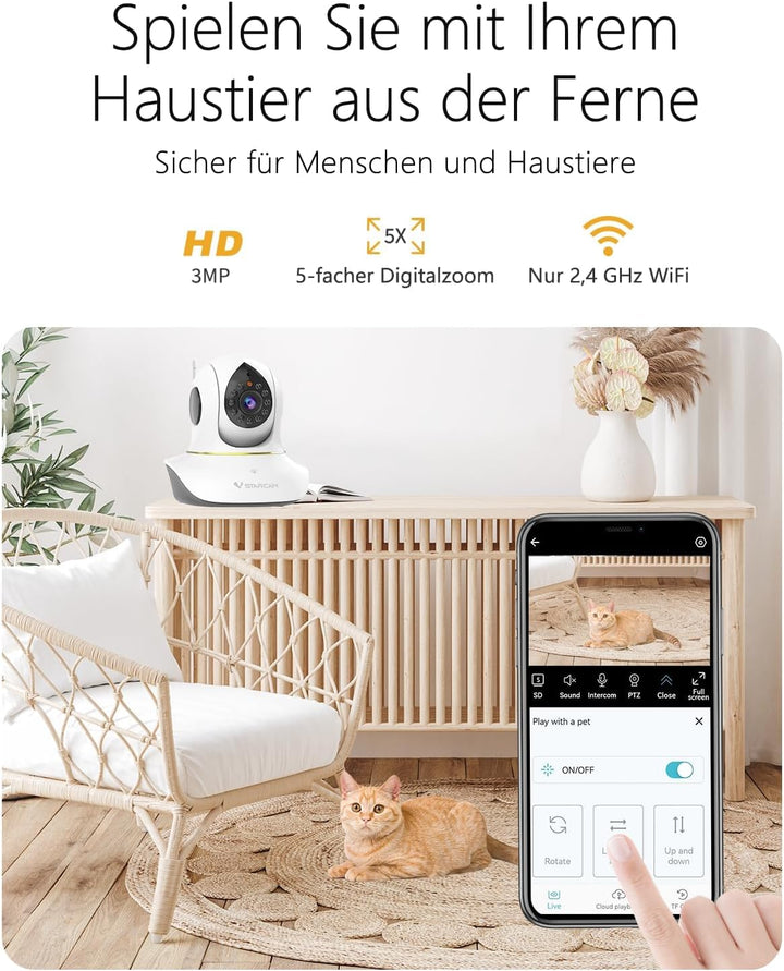VSTARCAM 2K Überwachungskamera Innen, Interaktive Kamera für Hunde und Katzen mit Handy-App, 360° Li