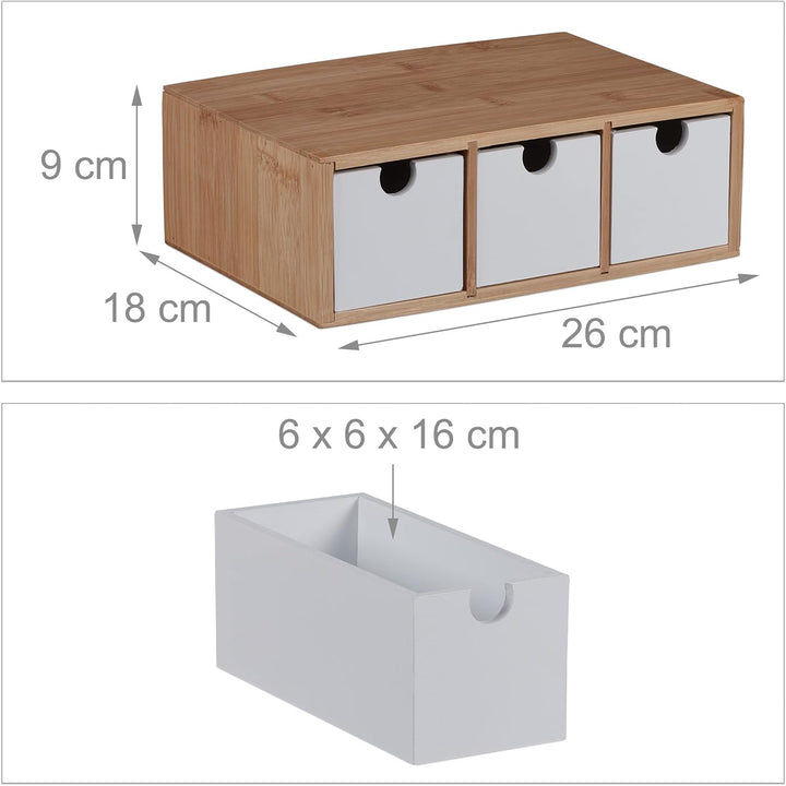 Relaxdays Schubladenbox, Bambus & MDF, Mini Kommode 3 Schubladen, HBT 9 x 26 x 18 cm, Schreibtisch O