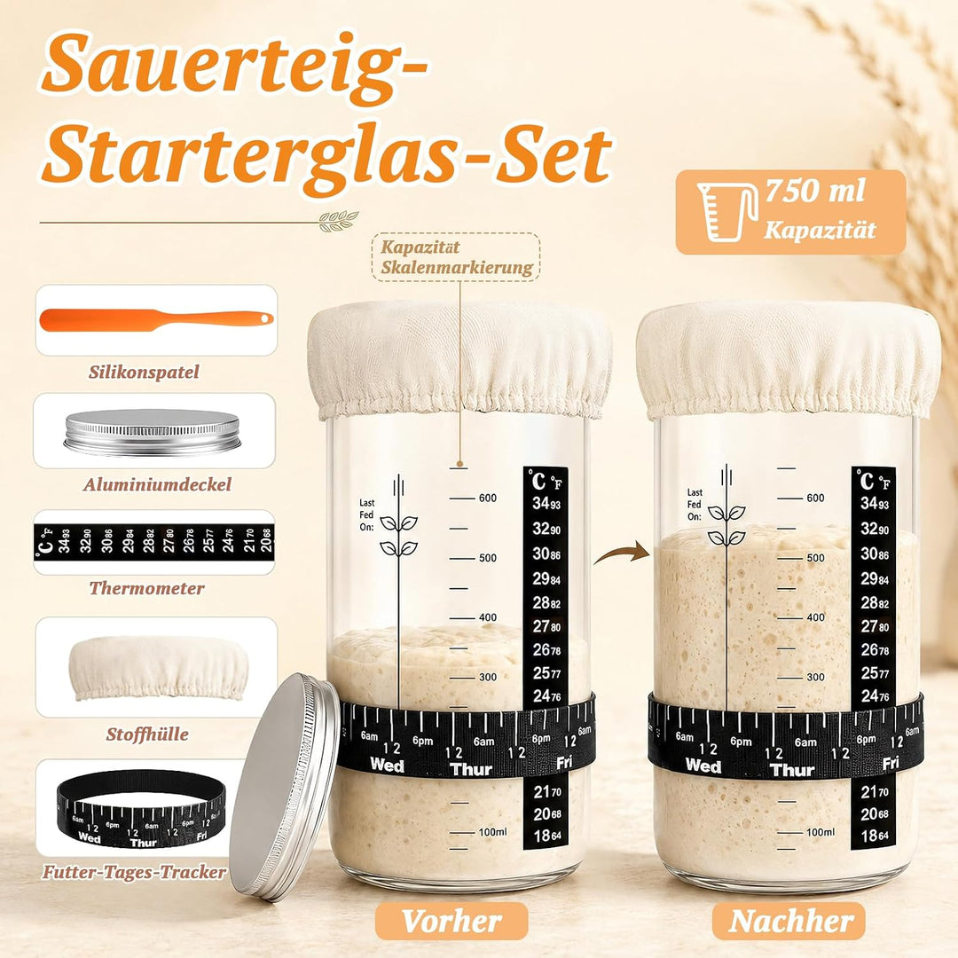 Sauerteig Starter Set mit 2 Gärkörbchen, Brotbackzubehör für Hobbybäcker | Brot Gärkorb Set mit Gärk