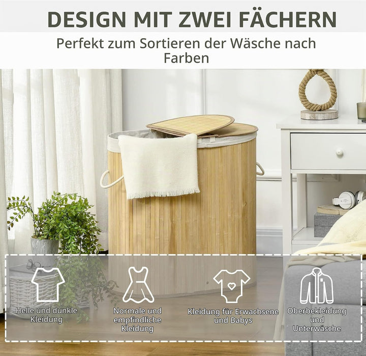 HOMCOM Wäschekorb 100L Wäschebox mit Deckel, Griff Wäschesortierer Wäschesammler mit 2 Abschnitten,