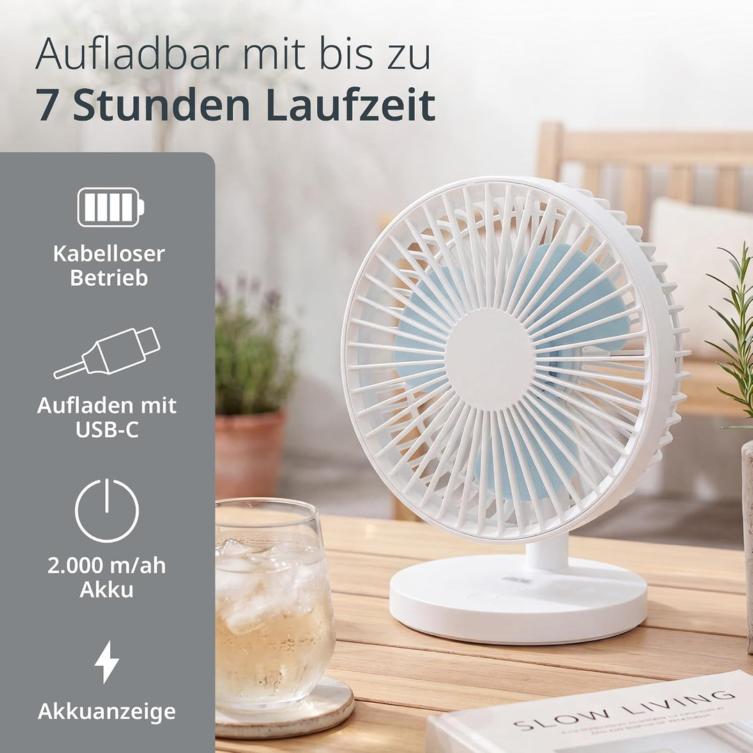 ADE Sehr leiser Tischventilator | USB Ventilator mit 3 Geschwindigkeitsstufen | 2.000 mAh Akku für b