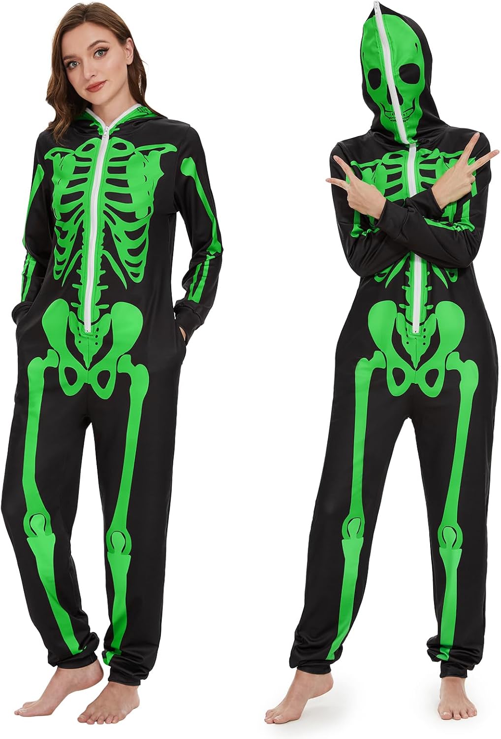 Ulikey Halloween Skelett Kostüm Damen, Halloween Skelett Onesie Overall Pyjama Erwachsene Damen Hall