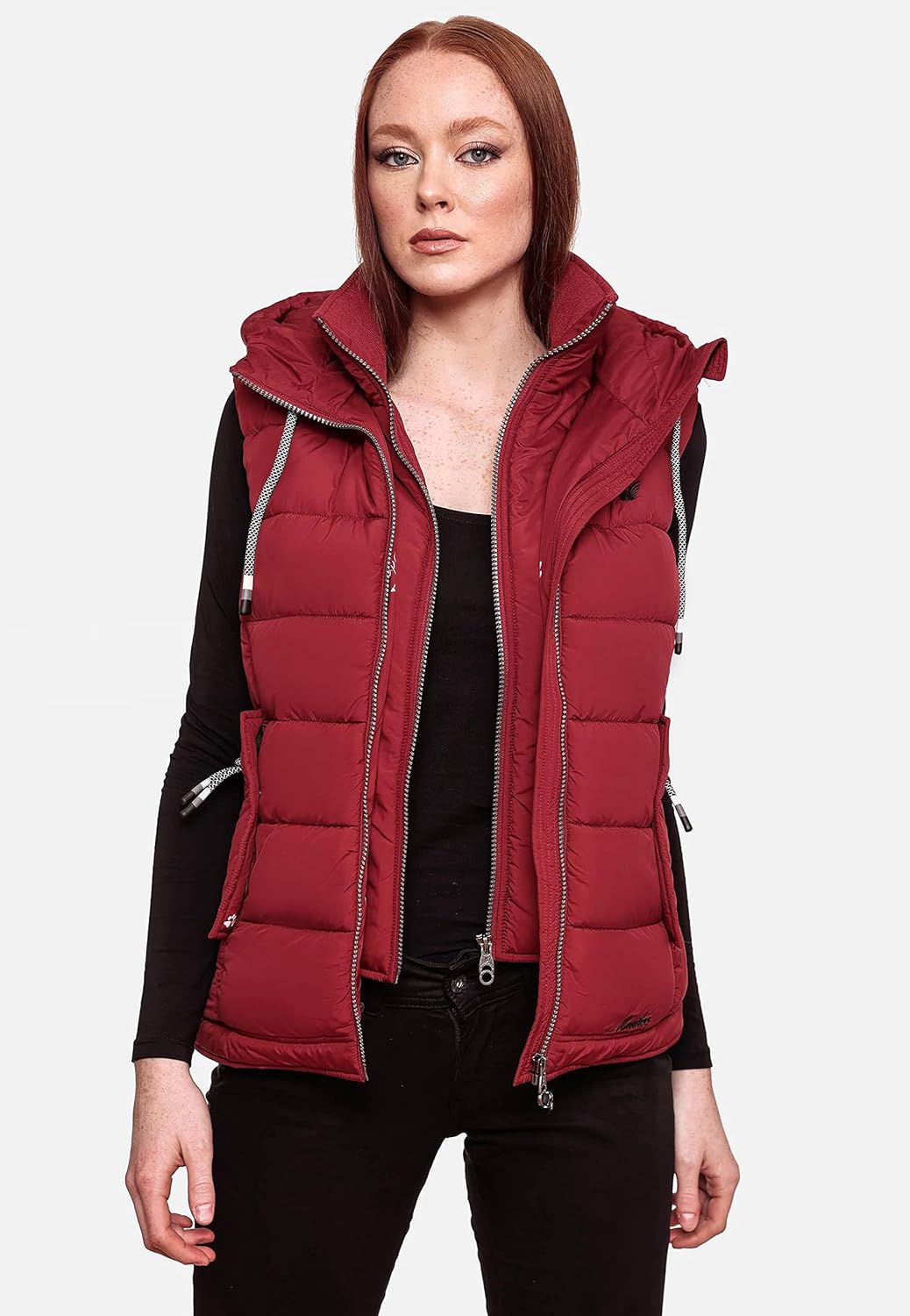 MARIKOO Damen leichte Übergangsweste Steppweste mit Kapuze Taisaa XS-3XL XS Blood Red, XS Blood Red