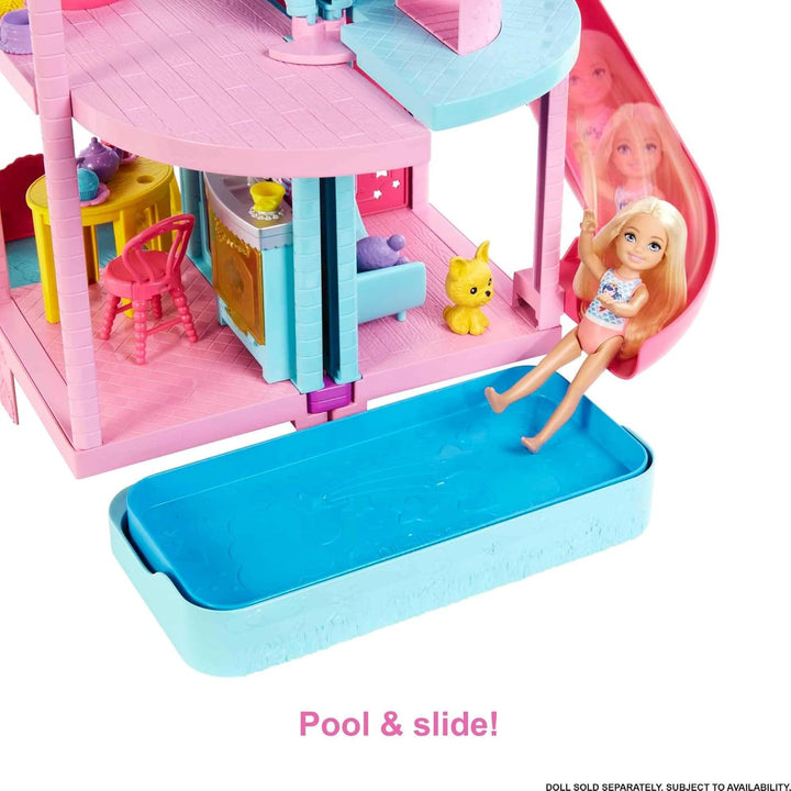 BARBIE Chelsea Spielhaus - 3 Etagen mit Verwandlungsfunktion, geheime Spielbereiche, Aufzug, Pool, R