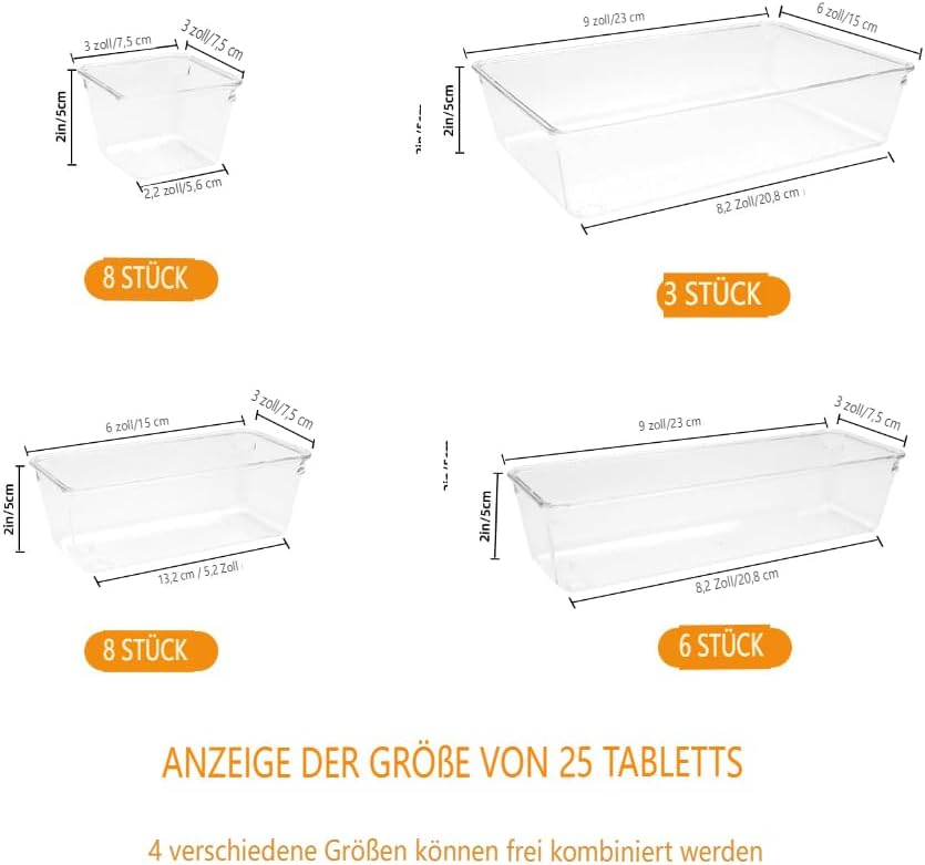 Schubladen Organizer, 25 Stück in 4 Grössen, Kunststoff, Schminktisch und Make-up Organizer, Ordnung