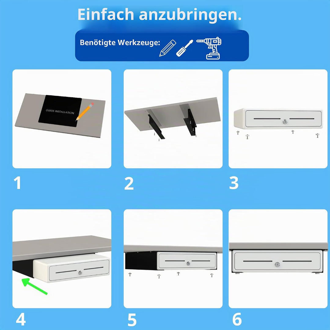 Montagehalterung für Geldkästen – 2 x Schienen, für 33 und 41 cm grosse Schublade, einfache Montage,